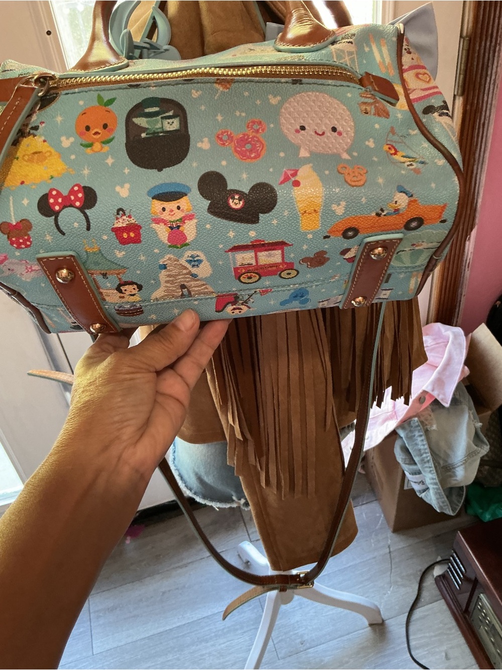 Dooney & Bourke Light Blue Novelty Print Satchel with Brown Trim - Picture 6 of 9